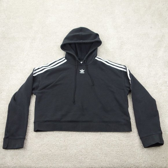 adidas Sweaters - Adidas Sweatshirt Womens Large Black 3 Stripe Cropped Crew Neck Fleece Pullover